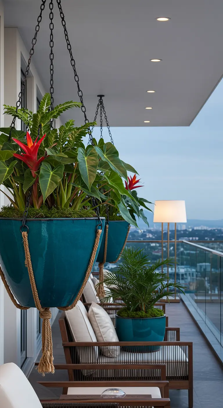 Grands pots suspendus en céramique turquoise avec plantes tropicales sur un balcon moderne