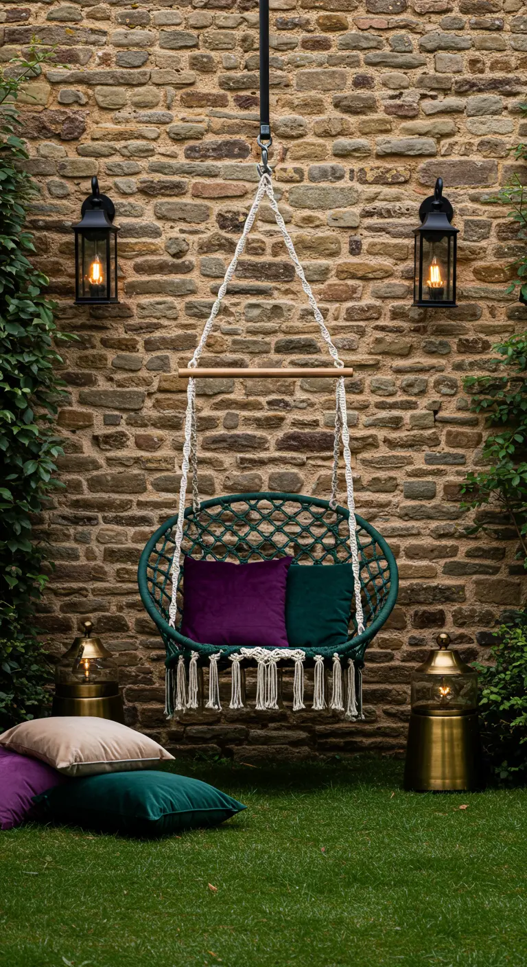 Balançoire macramé vert, coussins velours violet/vert, mur de pierre, lanternes dorées.