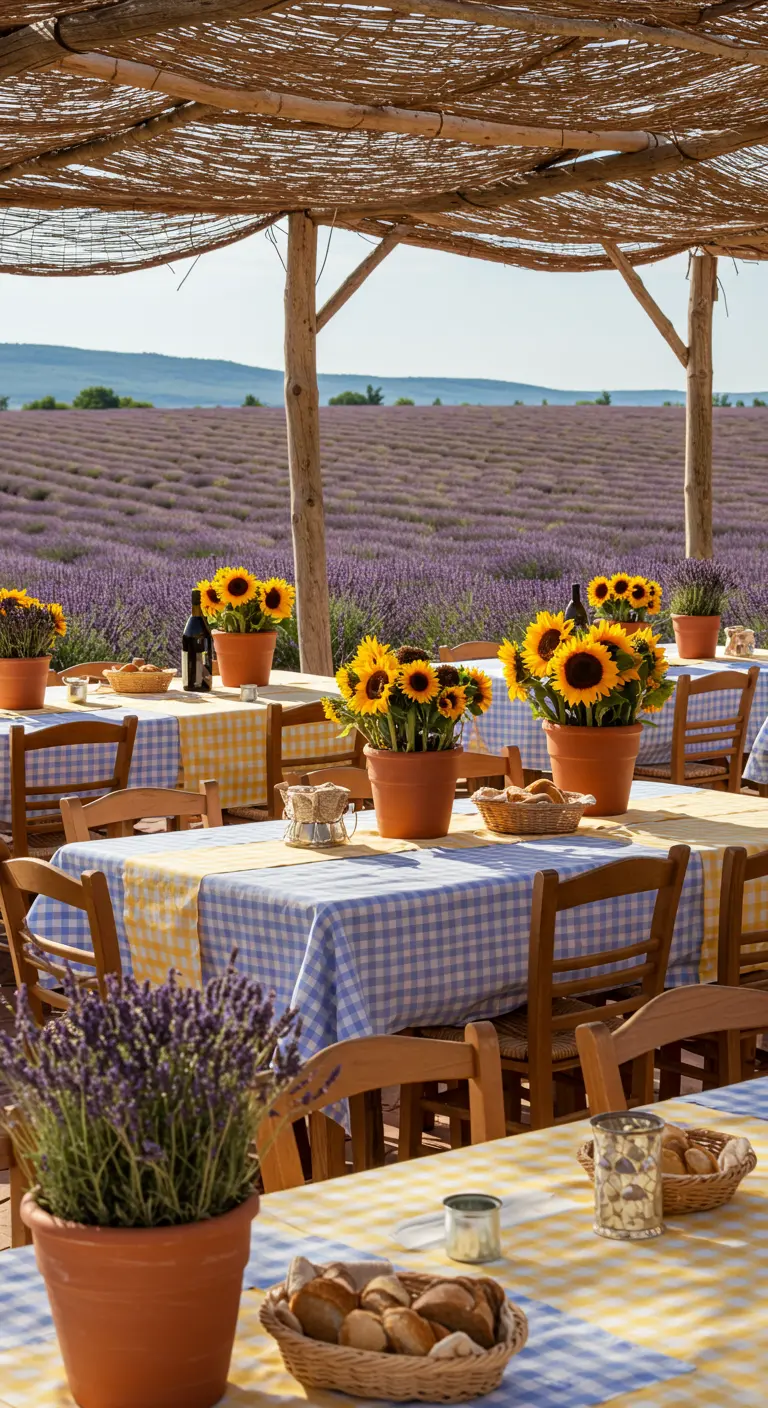 Tables dressées dans un champ de lavande avec tournesols en pots et nappes à carreaux.