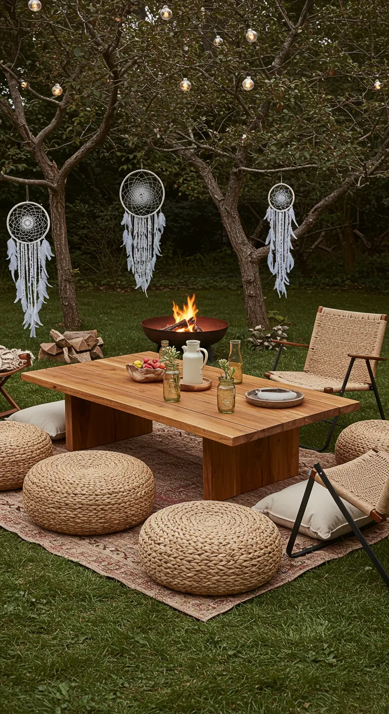Table basse en bois, poufs, chaises tressées, attrape-rêves et brasero sur un tapis dans un jardin.