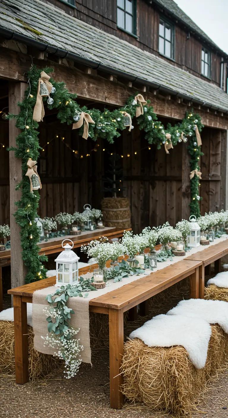 Cadre champêtre avec longues tables en bois, bottes de foin et guirlandes de sapin, lampions.