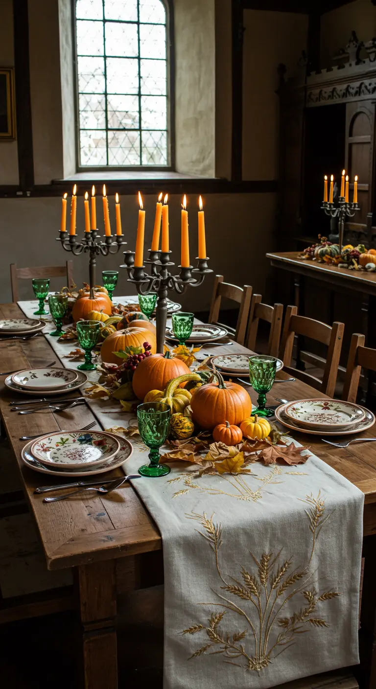 Table d'automne avec chemin de table brodé, citrouilles, feuilles et chandeliers oranges.