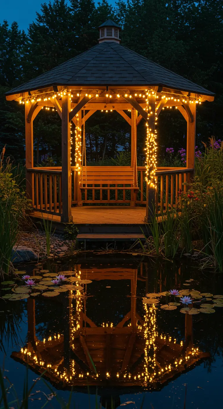 Kiosque en bois décoré de guirlandes lumineuses, se reflétant sur un étang aux nénuphars.