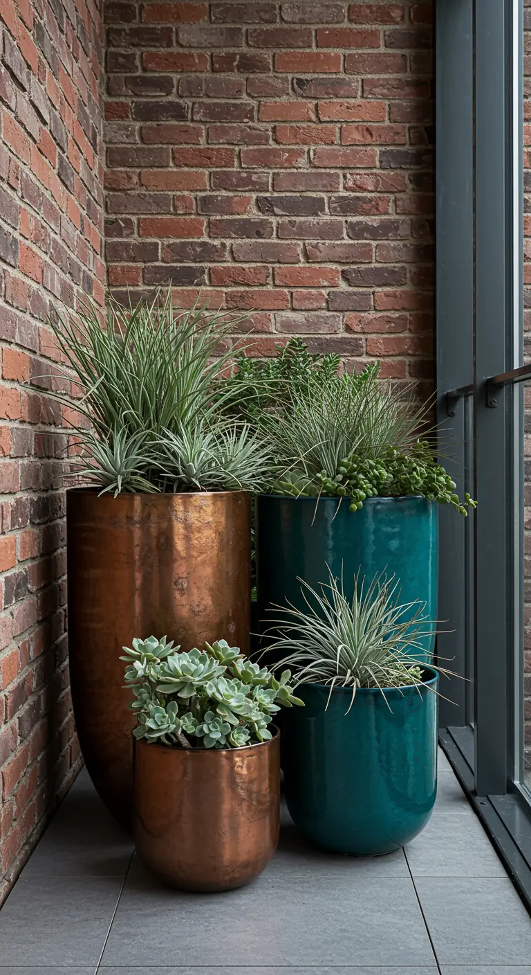 Balcon urbain avec des pots en cuivre et sarcelle remplis de succulentes et de plantes aériennes.