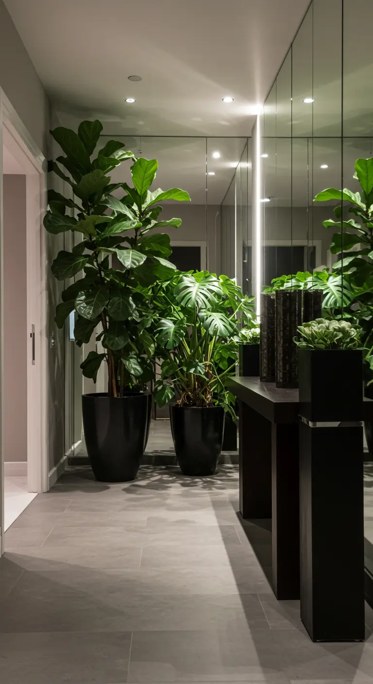 Grands figuiers lyre et Monstera dans des pots noirs le long d'un couloir miroir.