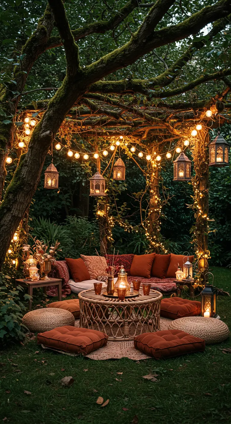 Coin lounge bohème avec guirlandes, lanternes suspendues, coussins moelleux sous une tonnelle arborée.