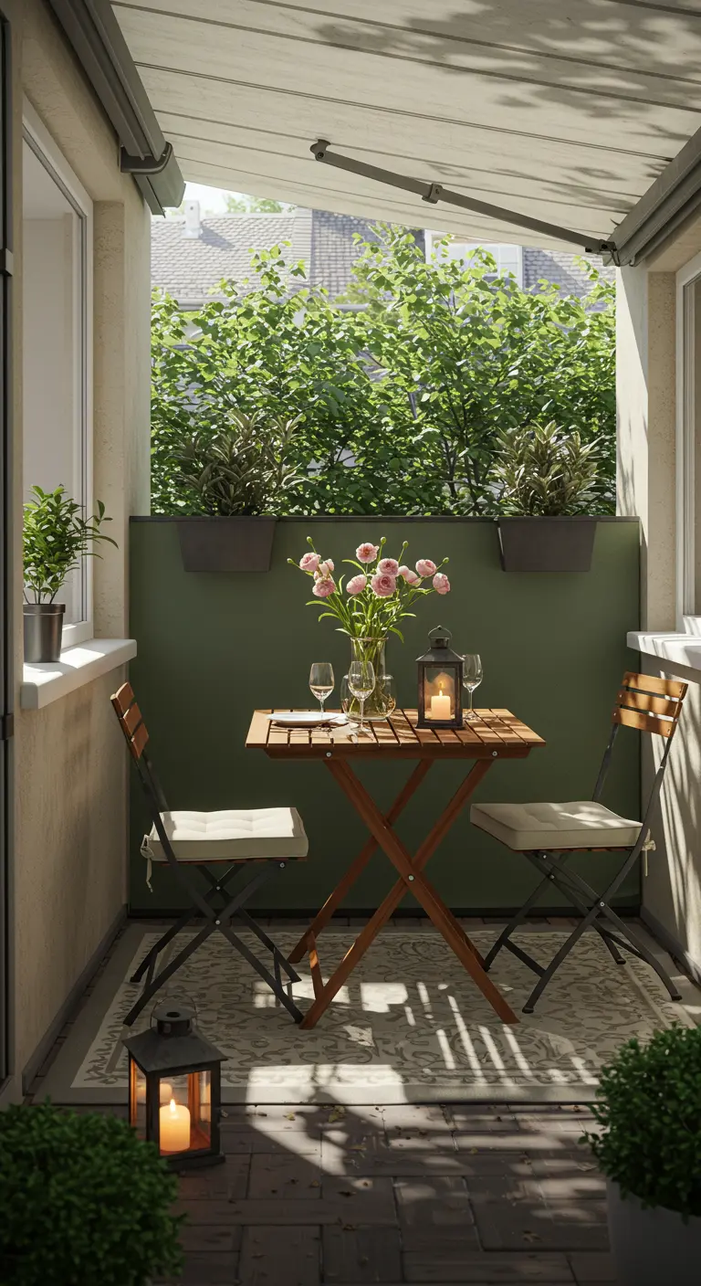Balcon avec table et chaises pliantes en bois, brise-vue végétal et tapis à motifs.
