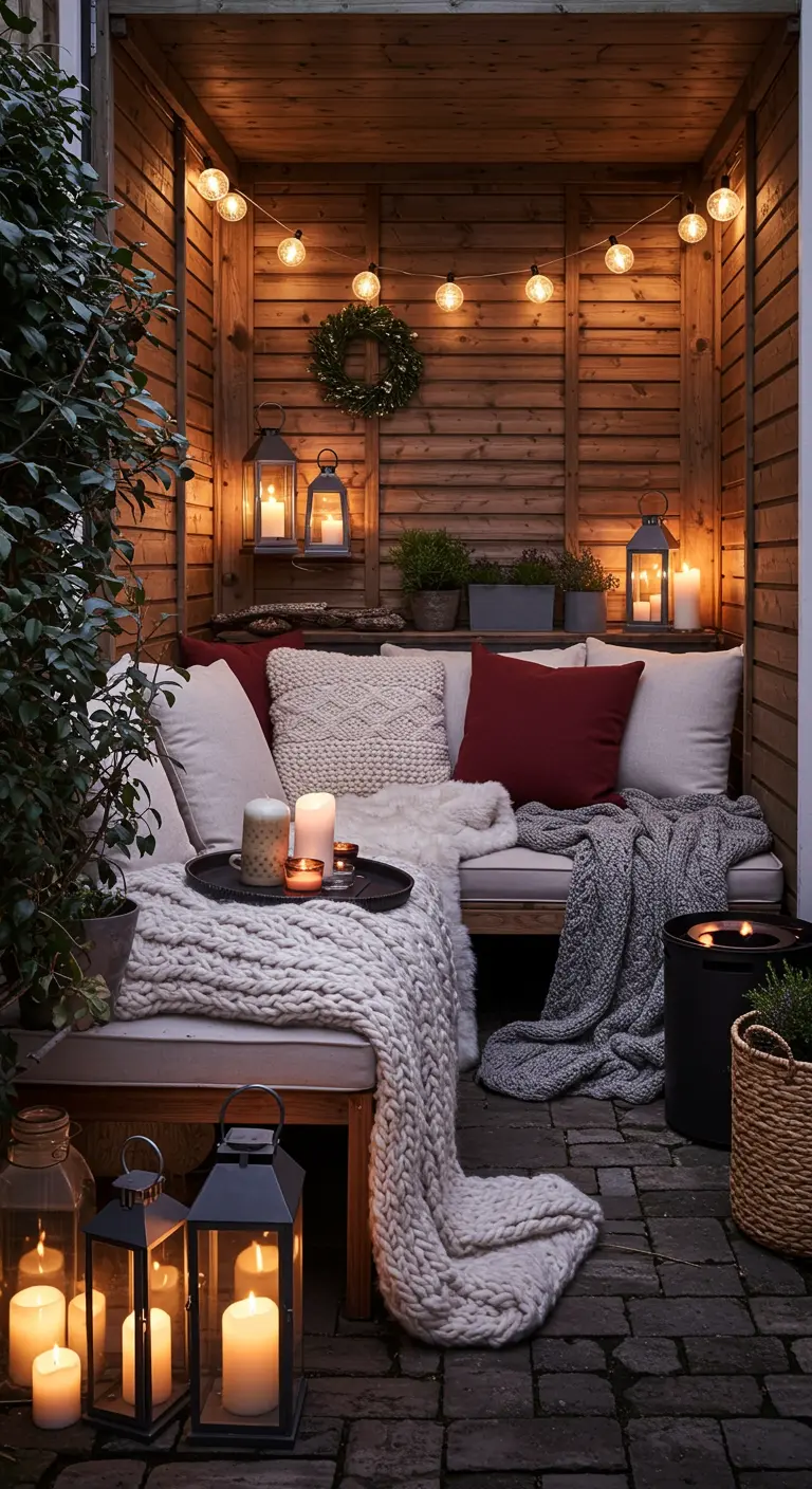 Coin salon extérieur en bois avec coussins, plaids, guirlandes lumineuses et lanternes.