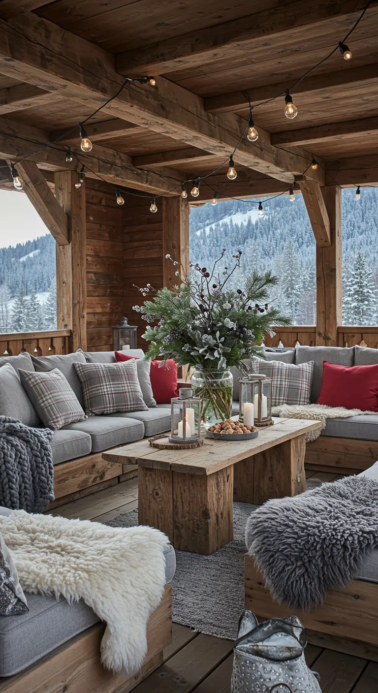 Terrasse en bois style chalet montagnard, coussins à carreaux, plaids en fausse fourrure, bouquet de sapin et lanternes.