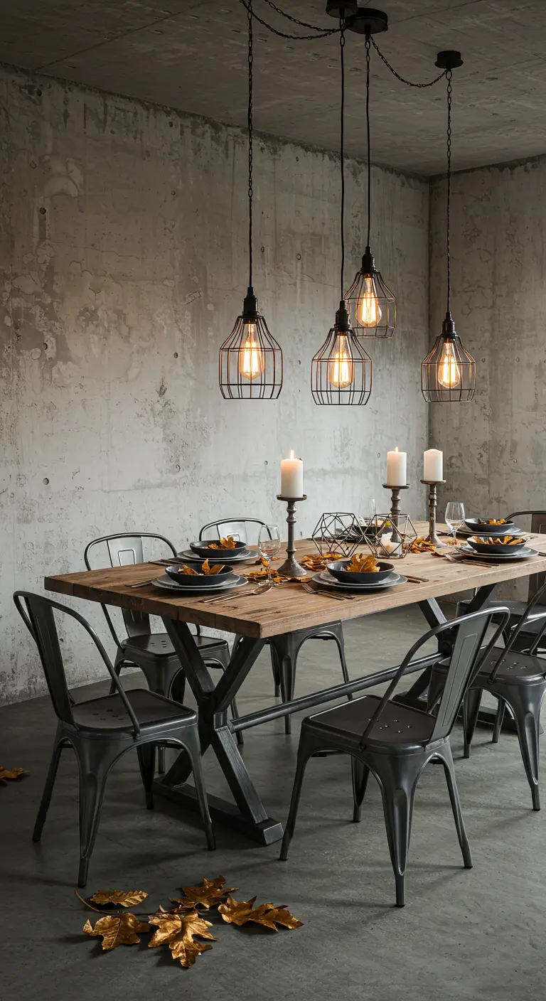 Table industrielle en bois avec chaises métalliques, bougies et feuilles dorées sur un sol en béton.
