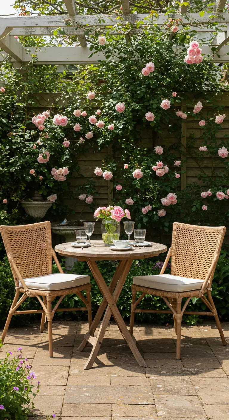 Petite table bistrot en bois, chaises en rotin tressé sous une treille de rosiers grimpants roses.