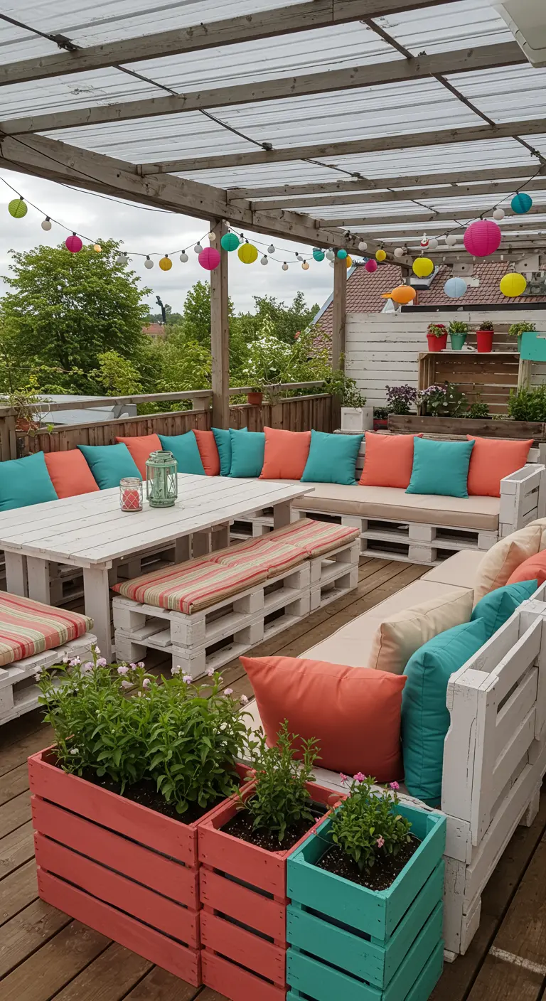 Salon de jardin palettes blanches, coussins rayés orange/turquoise, table à manger palettes, jardinières colorées.