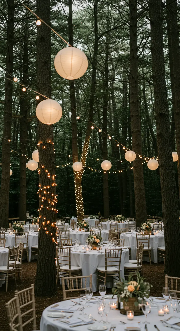 Dîner de mariage dans une forêt de pins avec tables rondes, guirlandes lumineuses et lampions.