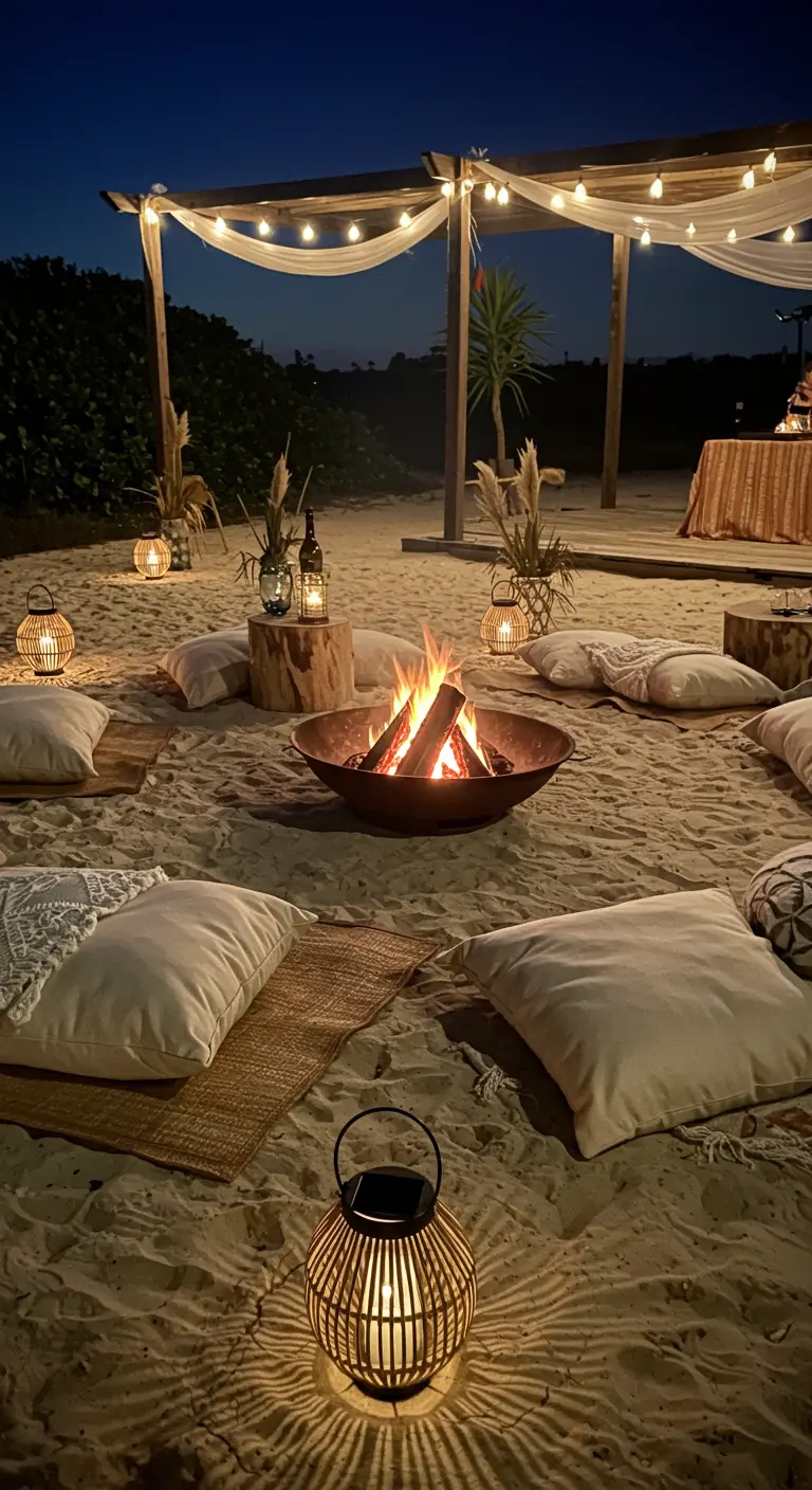 Rassemblement bohème sur la plage la nuit avec brasero, coussins de sol et lanternes en bambou.