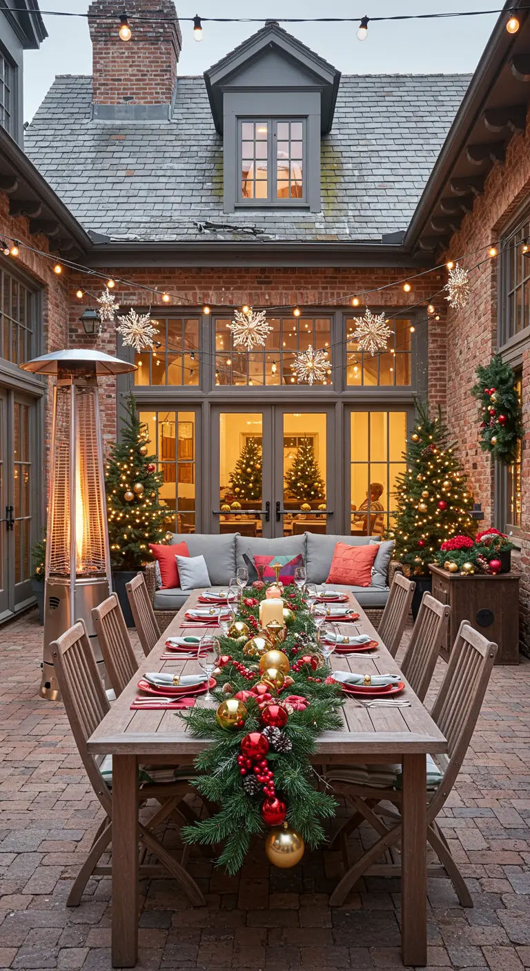 Table de repas extérieure décorée pour Noël, avec chauffage de terrasse et guirlandes.