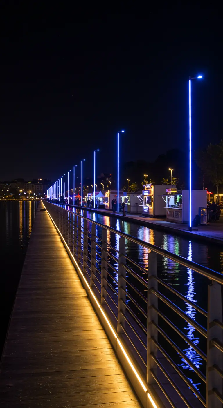 Promenade en bord de mer la nuit, éclairée par des lignes lumineuses bleues et jaunes le long du quai et des commerces.
