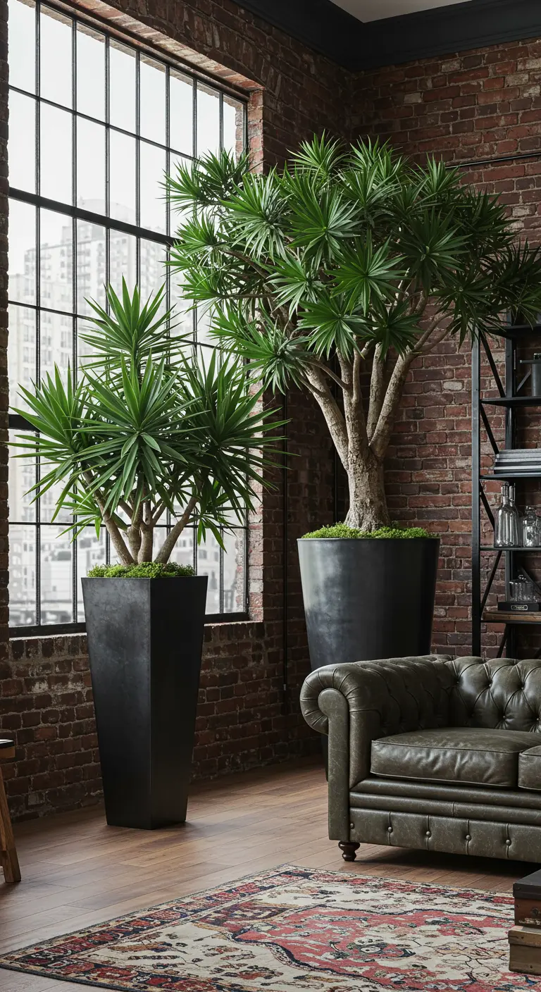 Grands Yuccas dans des pots noirs contre un mur de briques.