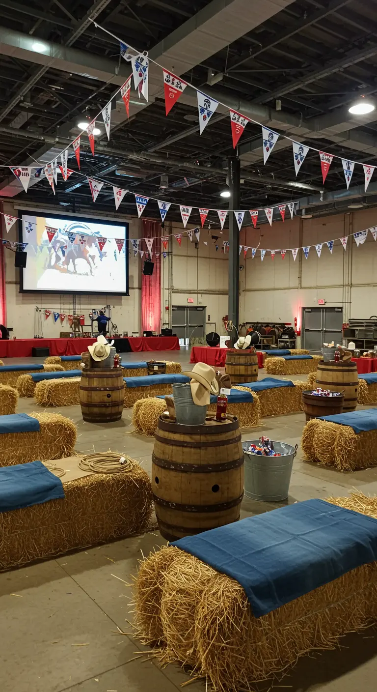 Grande salle intérieure avec écran de cinéma, bottes de foin bleues, tonneaux décorés et guirlandes.