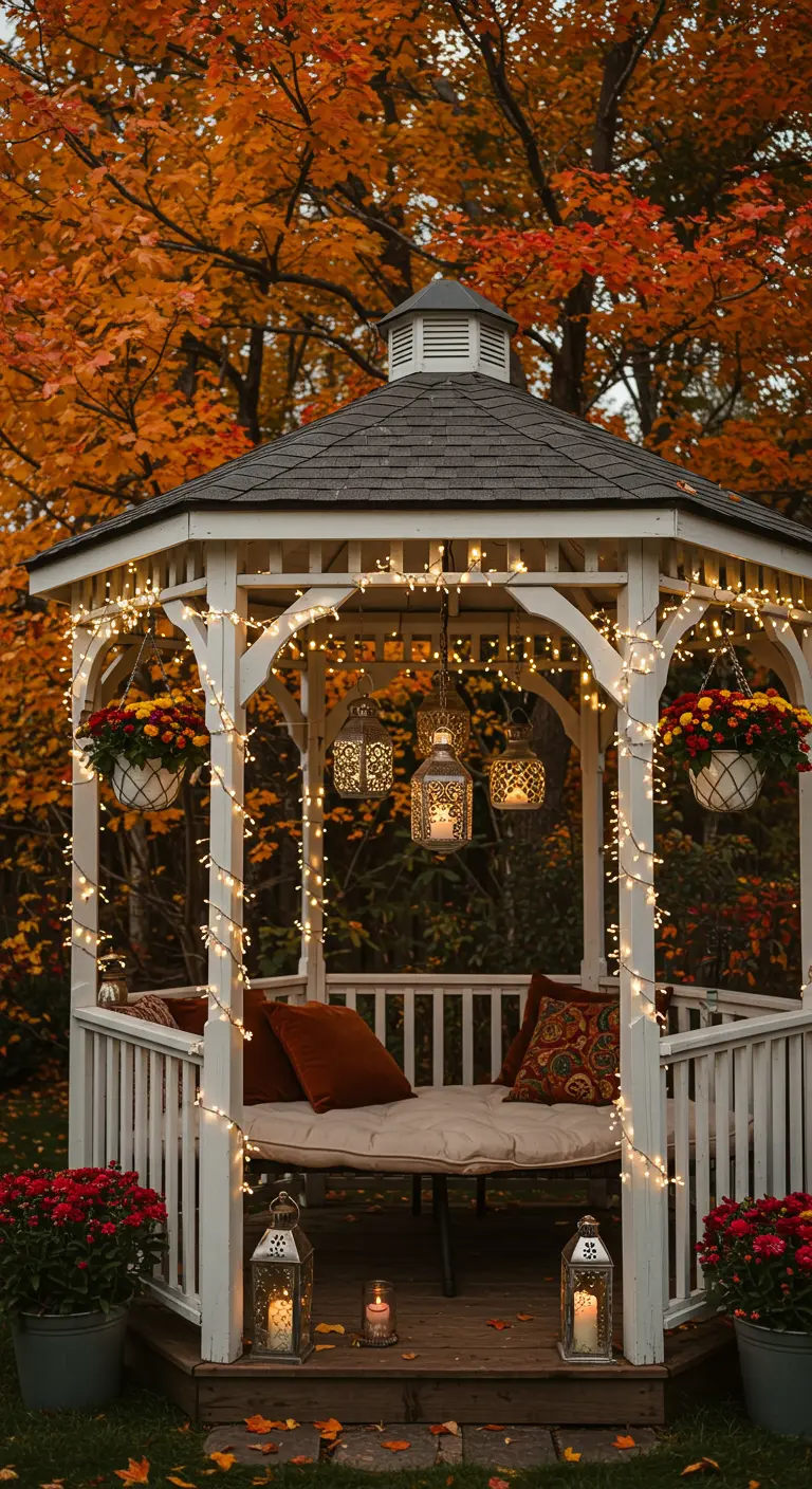 Gazebo blanc décoré de guirlandes LED, lanternes suspendues, coussins et pots de fleurs d'automne.