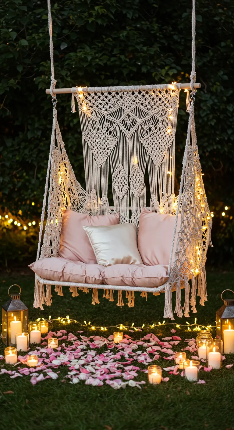 Balançoire en bois, macramé illuminé, guirlandes, pétales de roses, bougies, lanternes.