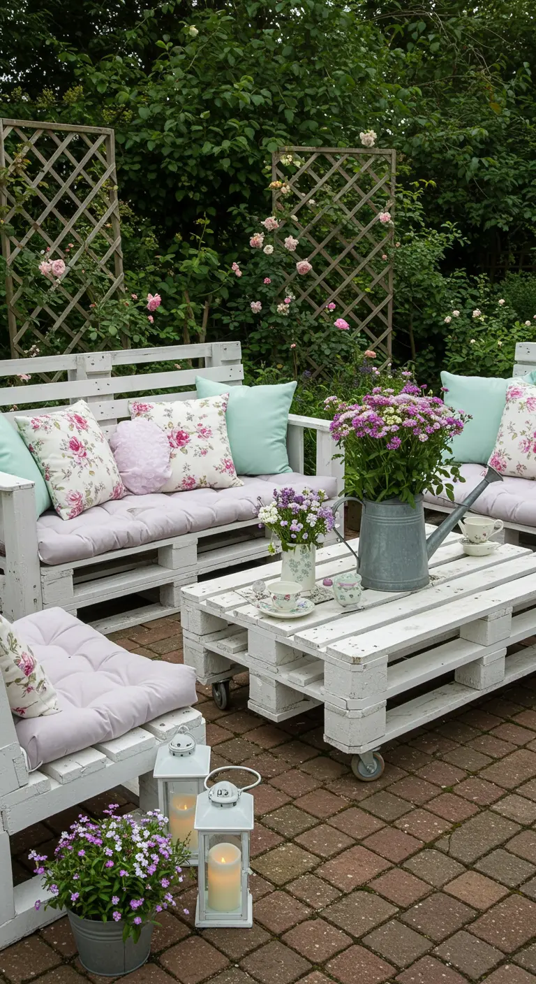 Salon de jardin palettes blanches, coussins fleuris roses, arrosoir jardinière, treillis rosiers.