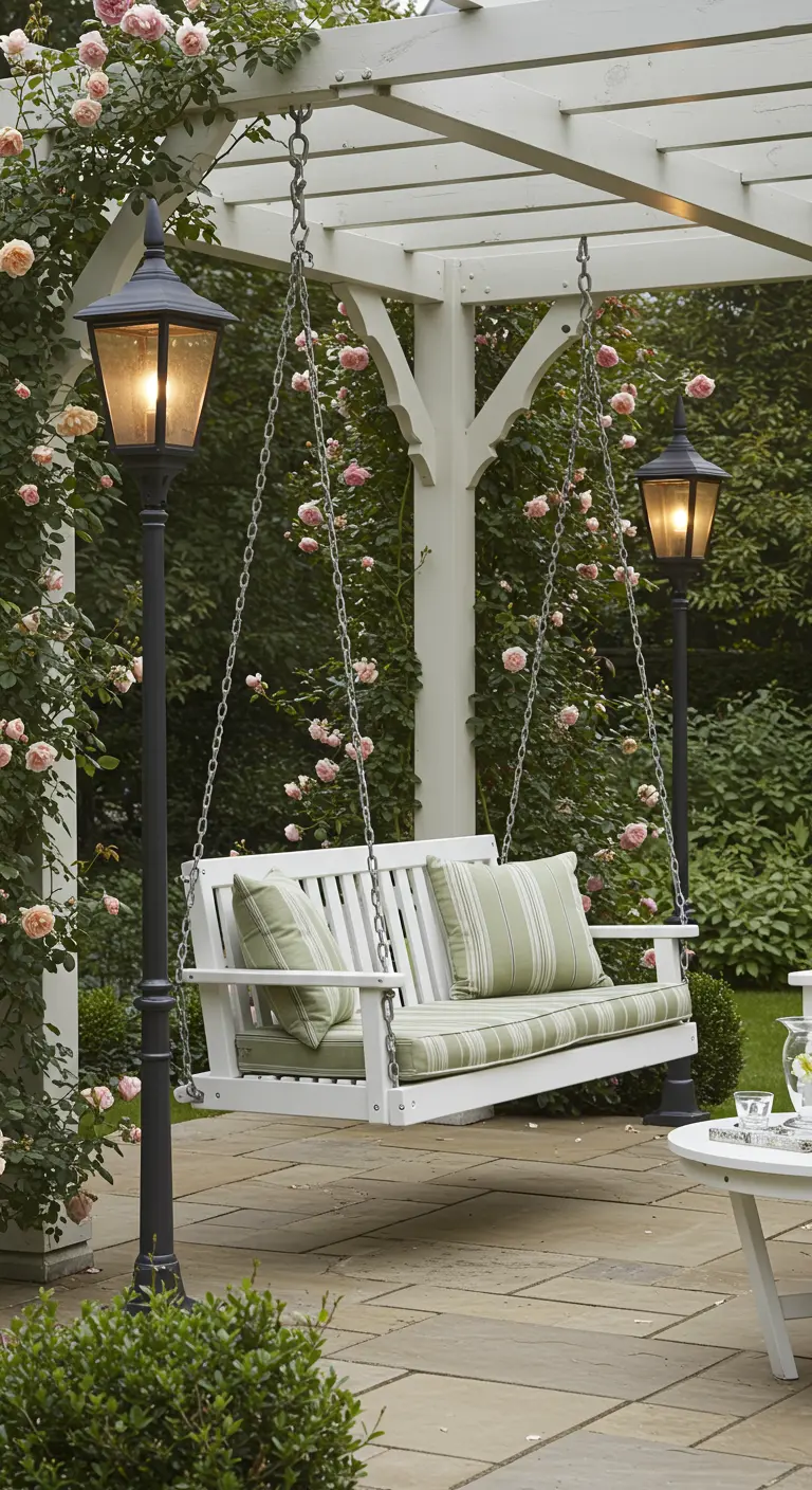 Un banc balançoire blanc sous une pergola fleurie de roses, avec des lampadaires classiques.