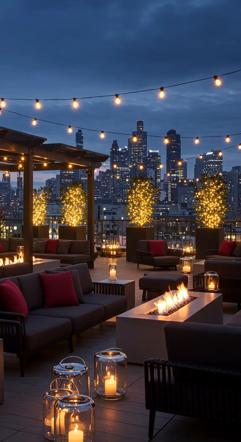 Terrasse de toit moderne avec vue sur la ville, mobilier contemporain, cheminées de feu et arbres illuminés.