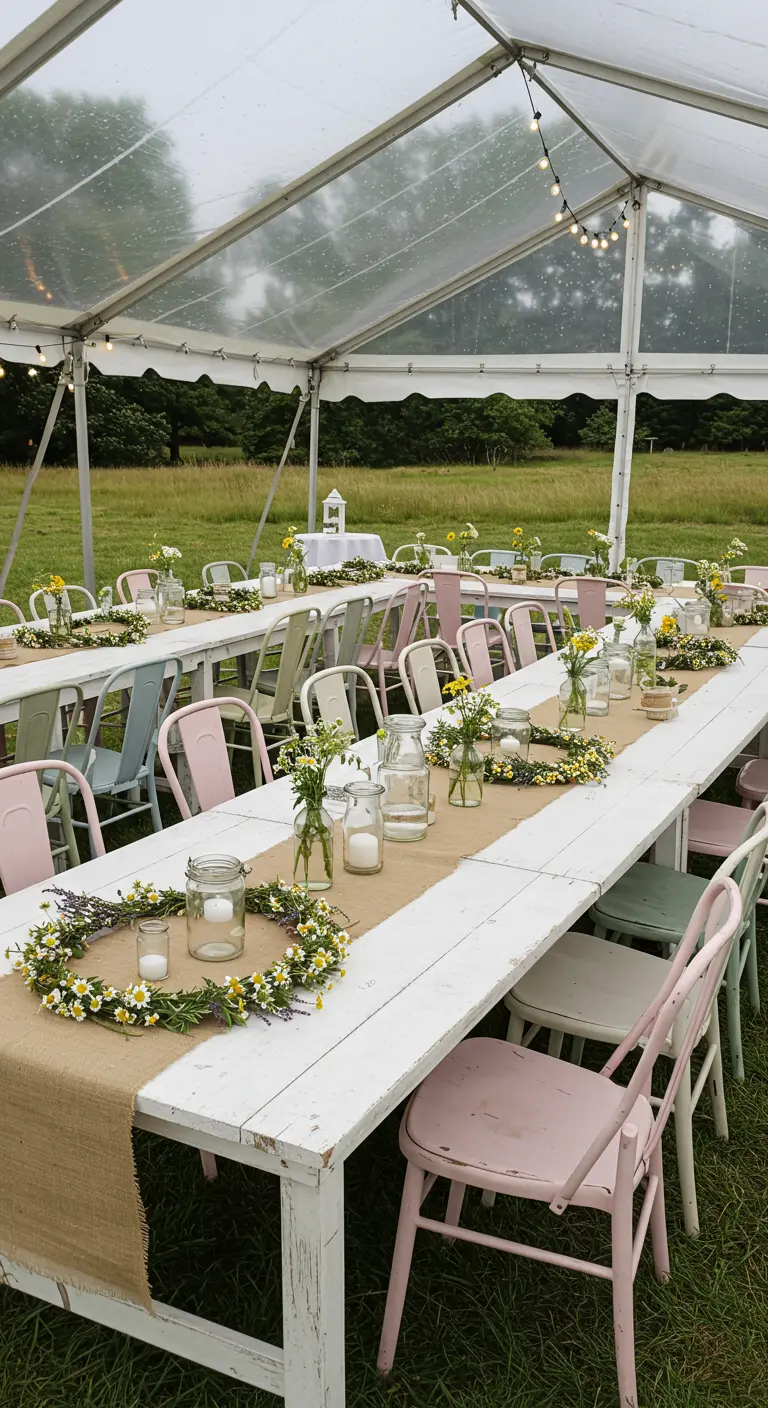 Tables de mariage rustiques avec couronnes de marguerites, chaises pastel et bocaux fleuris.