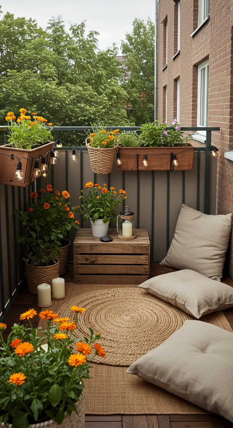Balcon rustique chic avec caisses en bois, tapis jute et fleurs oranges.