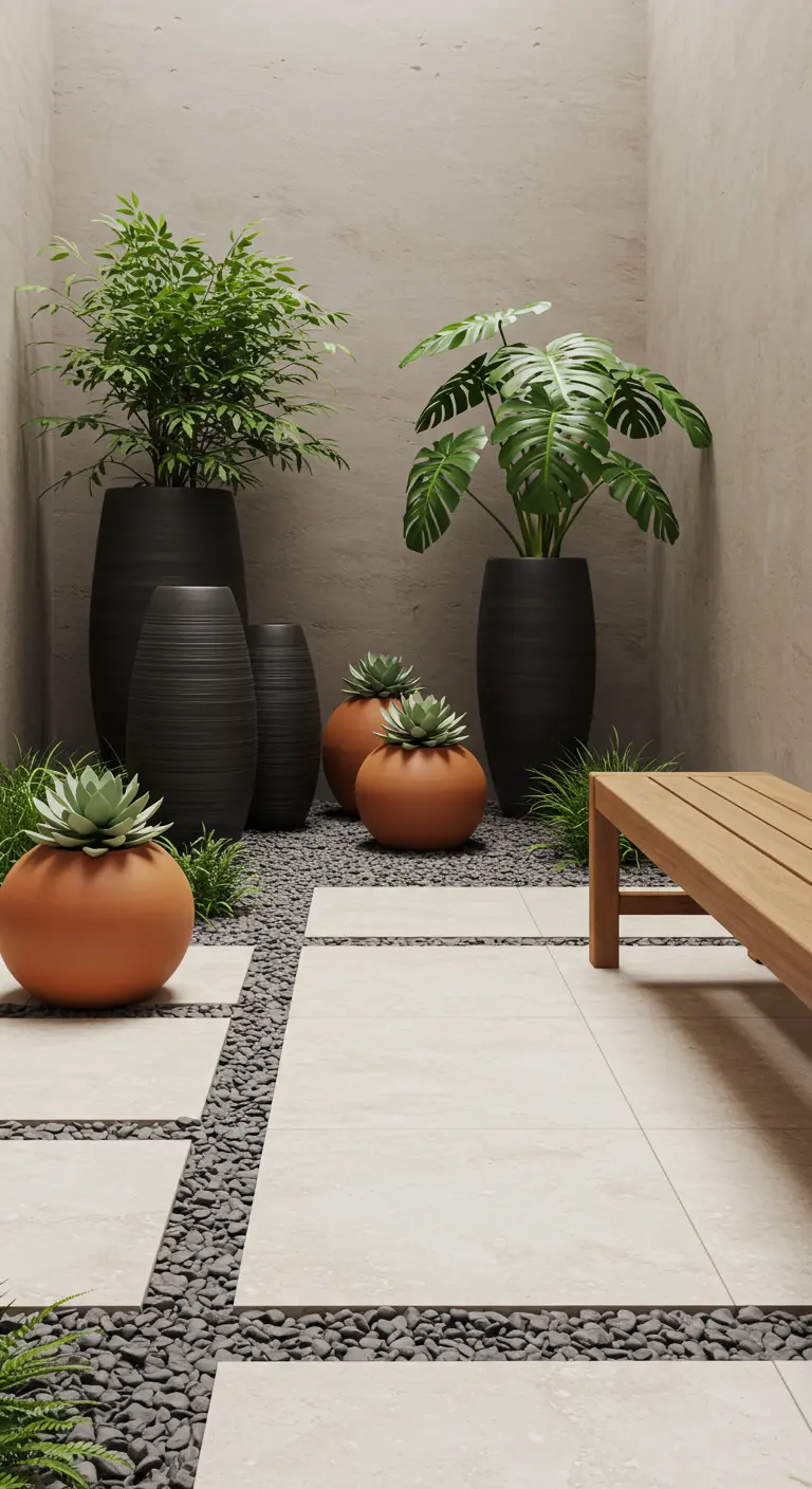 Patio extérieur avec graviers, dalles, pots sombres et terre cuite, plantes vertes et succulentes.