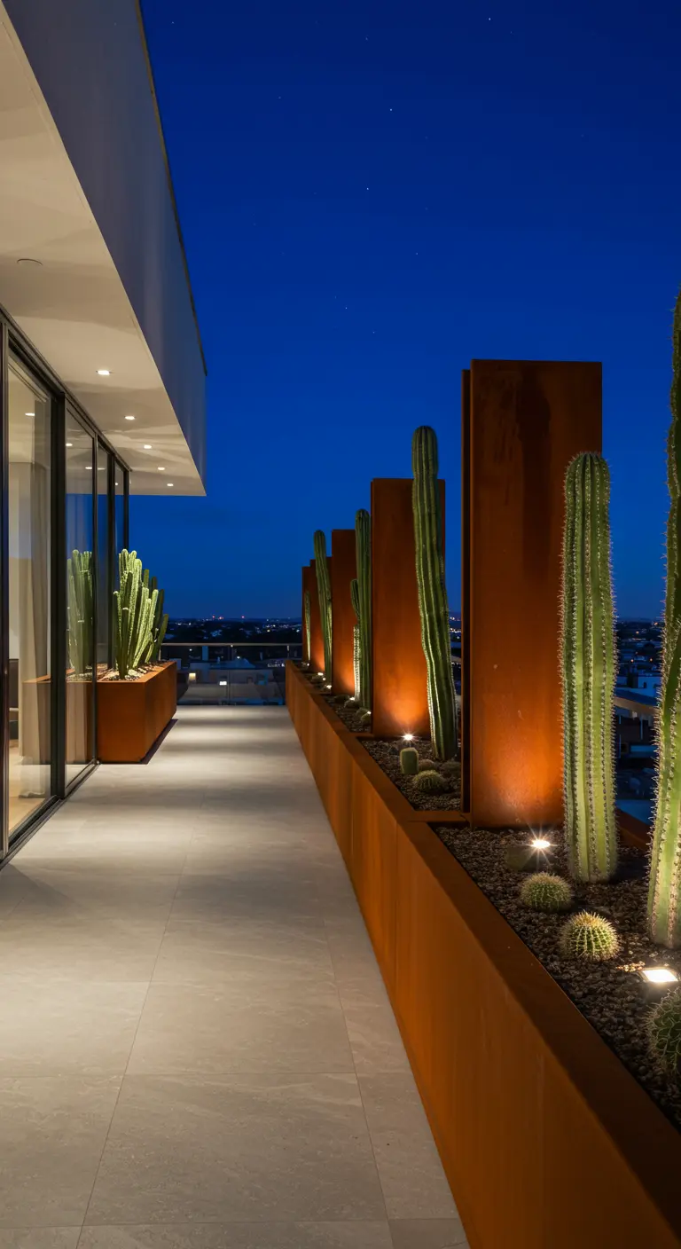 Terrasse longue avec bacs en acier Corten, grands cactus et éclairage au sol.