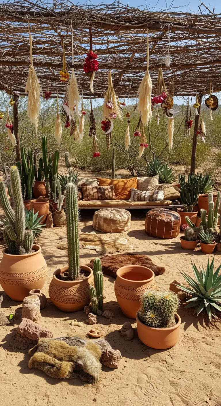 Salon désertique sous pergola en branches, cactus en pots et coussins de sol.