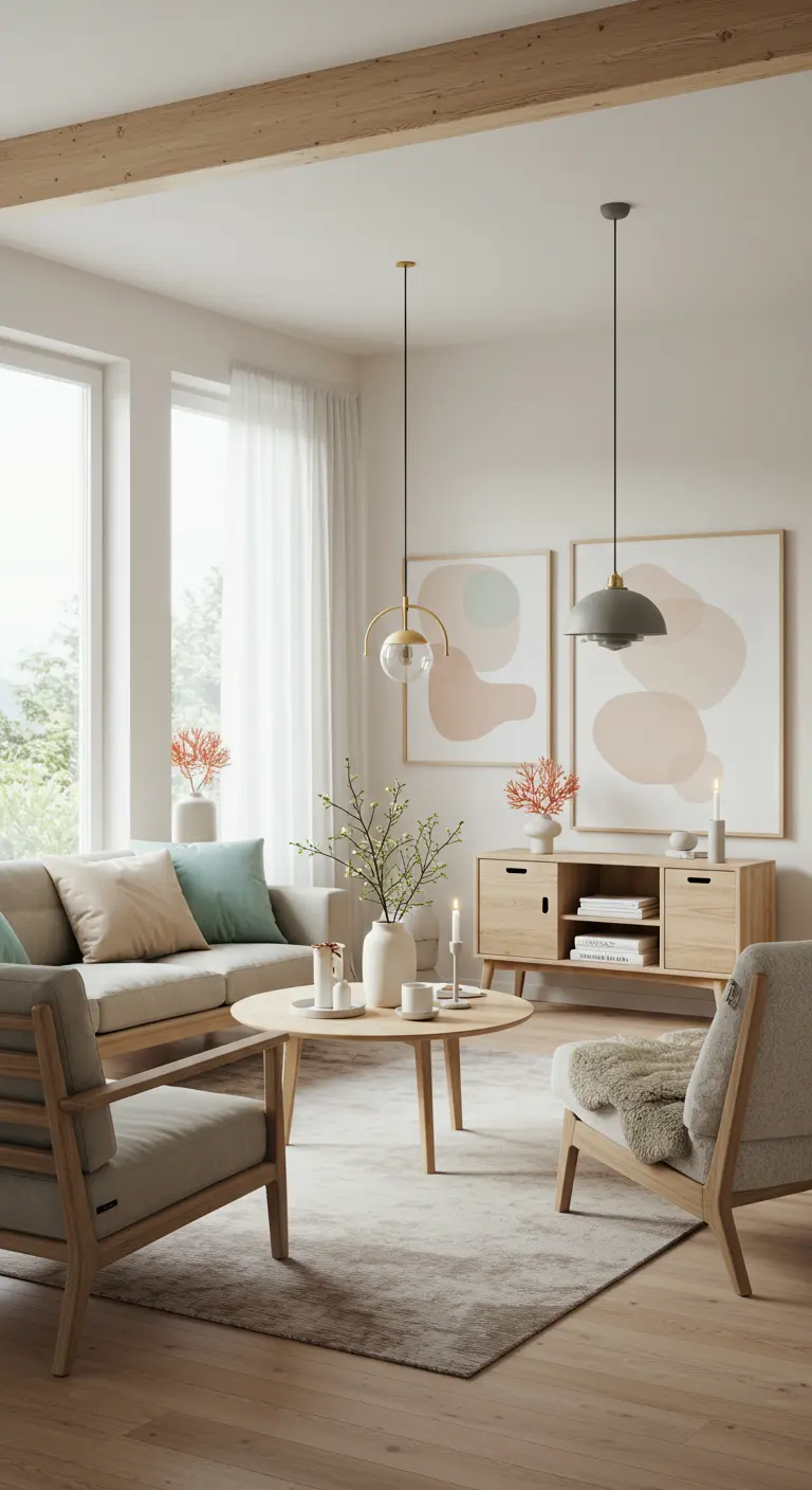 Salon minimaliste avec canapé beige, coussins menthe et corail, œuvres d'art abstraites et petits coraux décoratifs.