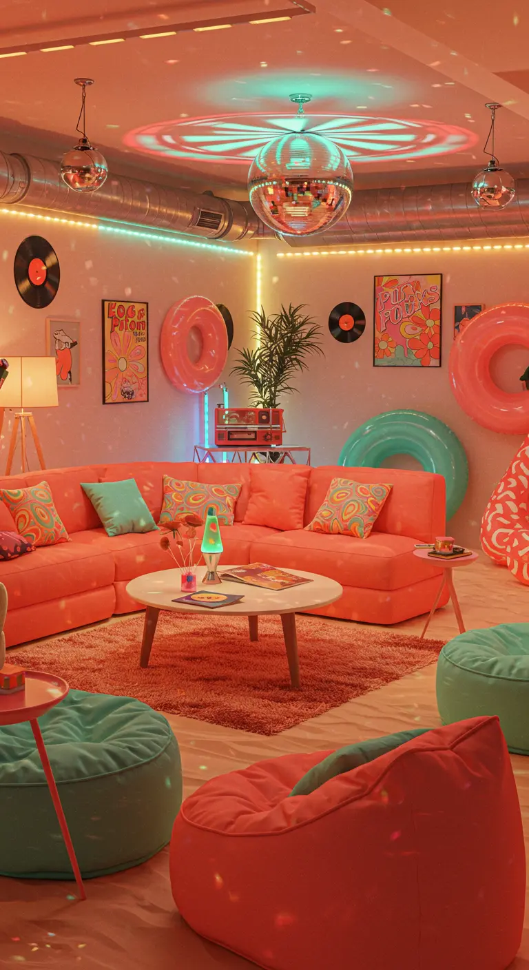 Salon rétro avec canapé corail, poufs menthe, boule disco, lumières LED colorées et affiches pop art.