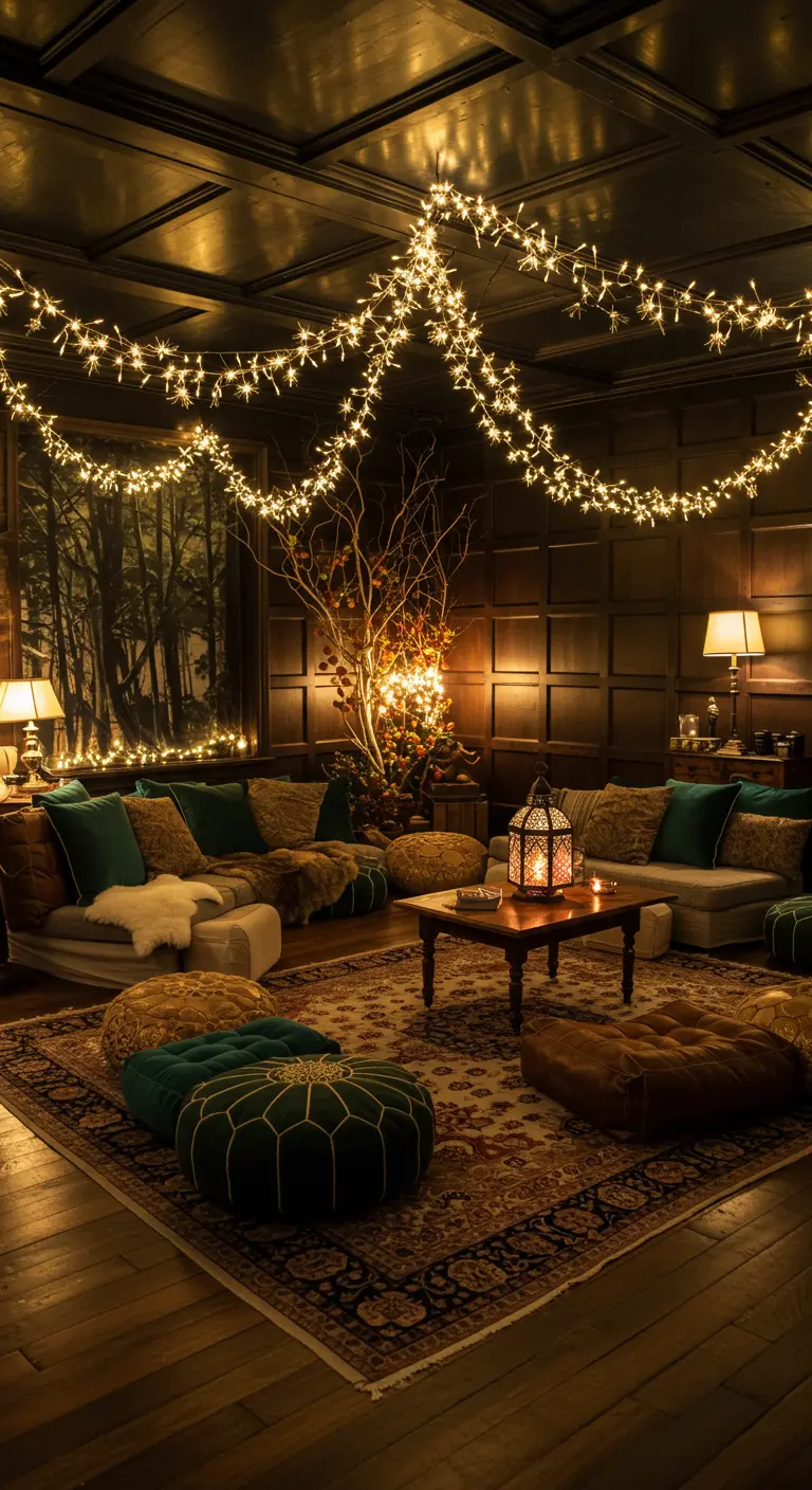 Salon sombre et cosy avec des guirlandes lumineuses drapées au plafond, créant un ciel étoilé.