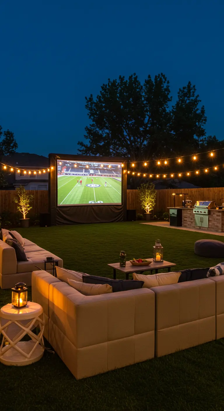 Salon de jardin extérieur avec grand écran pour le sport, canapés modulables et guirlandes.