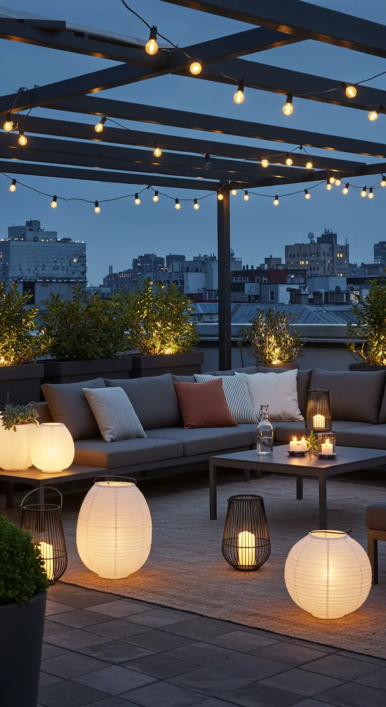 Vaste toit-terrasse avec salon d'extérieur, guirlandes, lampions et lanternes géométriques.