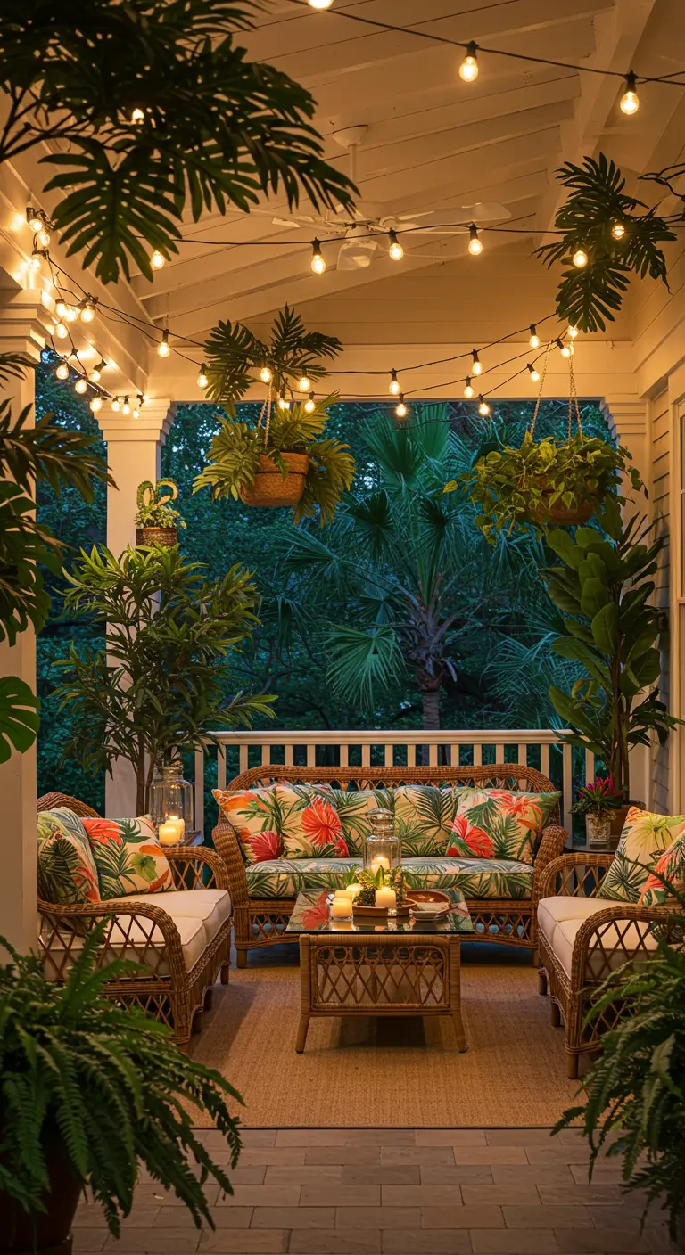 Porche avec mobilier de jardin tropical, plantes luxuriantes et guirlandes lumineuses suspendues.