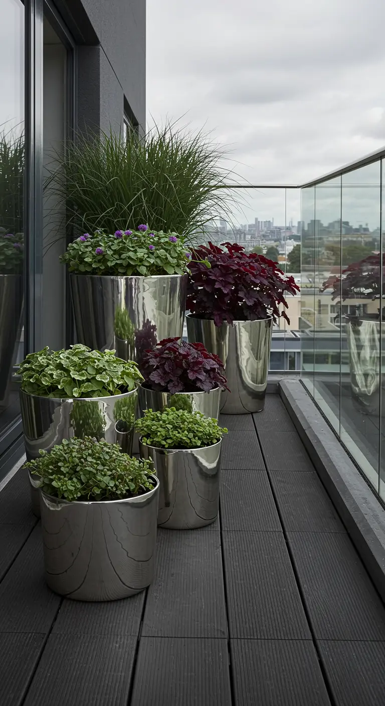 Balcon moderne avec des pots argentés brillants, graminées et plantes à feuillage pourpre.