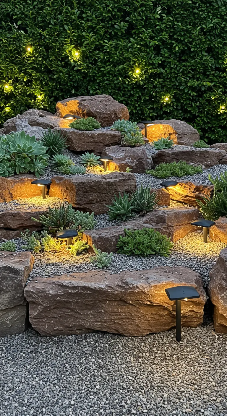 Jardin de rocaille avec succulentes éclairées par de petits spots LED.