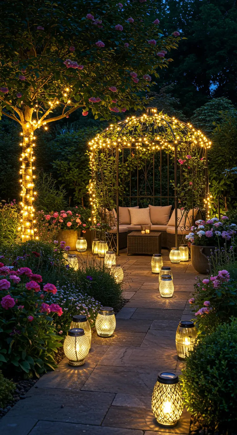 Chemin de jardin éclairé par des lanternes et un arbre décoré de guirlandes lumineuses.
