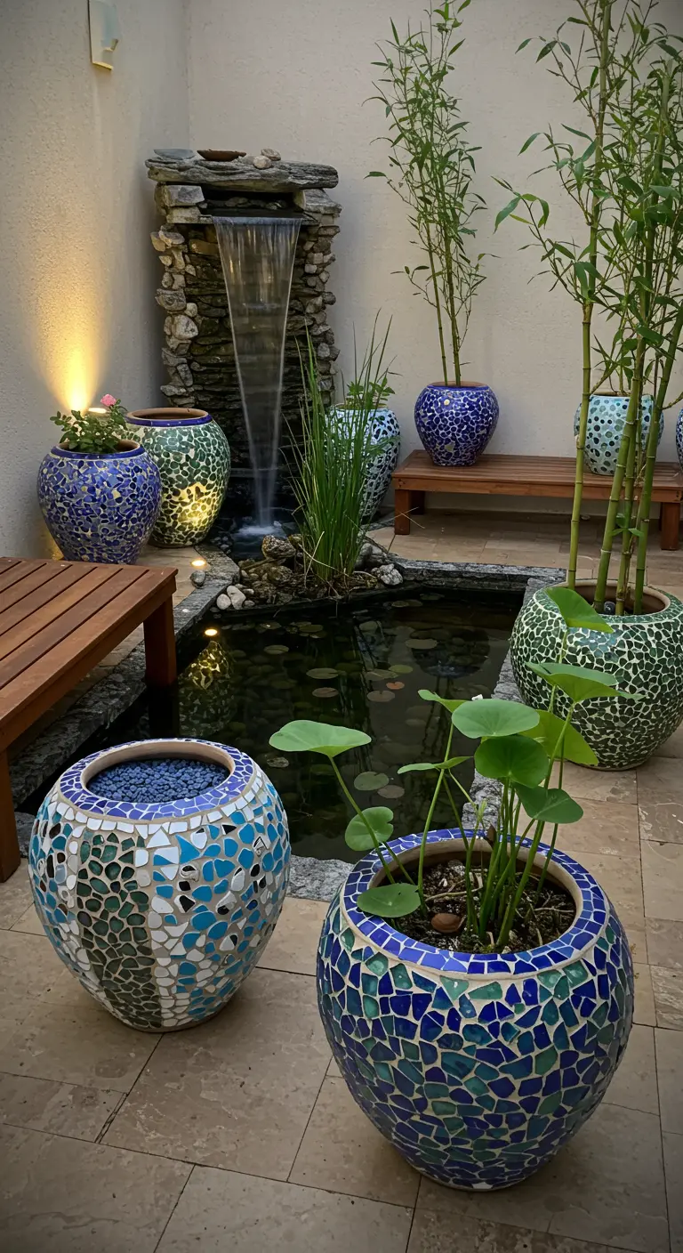 Cour avec étang et cascade, grands pots mosaïque bleus et verts, bambou et éclairage nocturne.