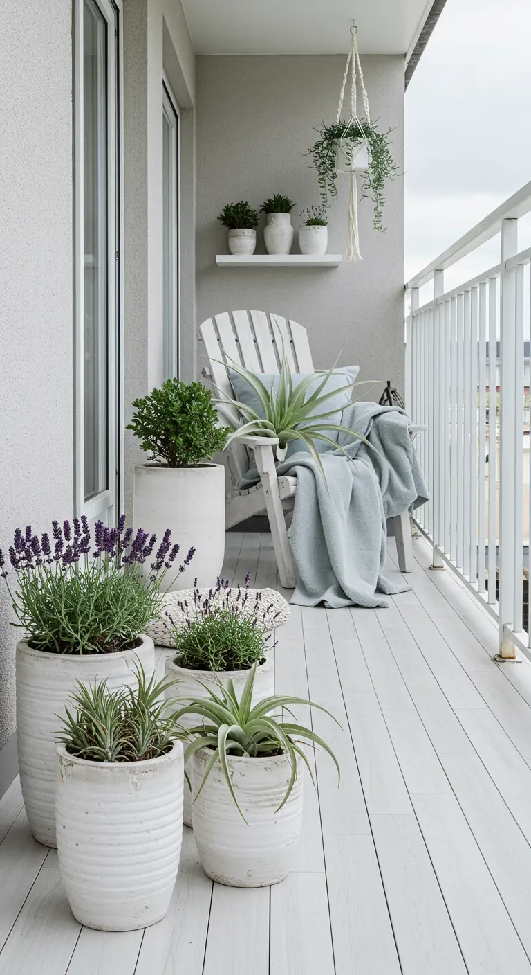 Balcon serein avec pots blancs texturés, lavande, plantes vertes et fauteuil Adirondack.