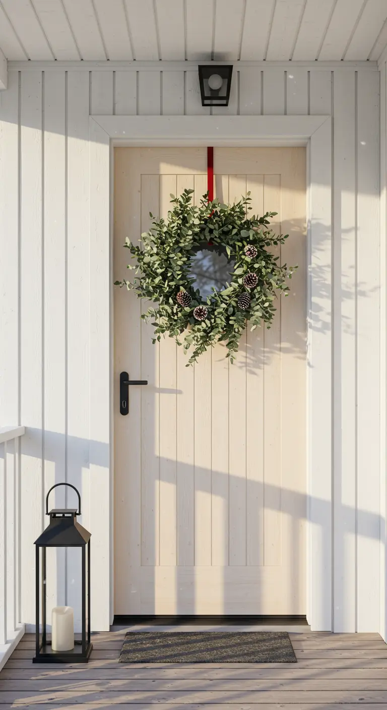 Couronne d'eucalyptus sur porte en bois clair, ruban rouge et lanterne noire au sol.