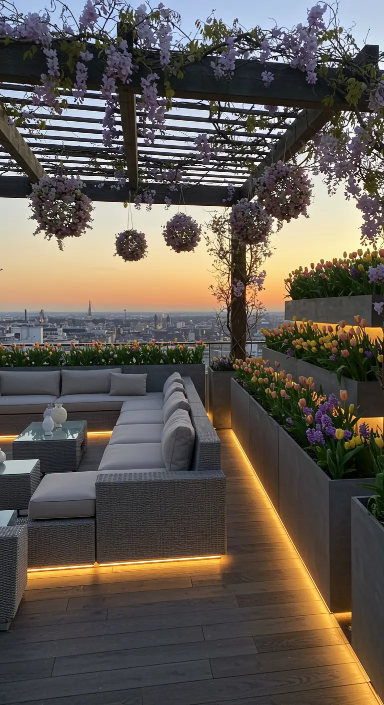 Grande terrasse sur le toit avec pergola de glycine, canapés modulaires, jardinières de tulipes et lumières LED.