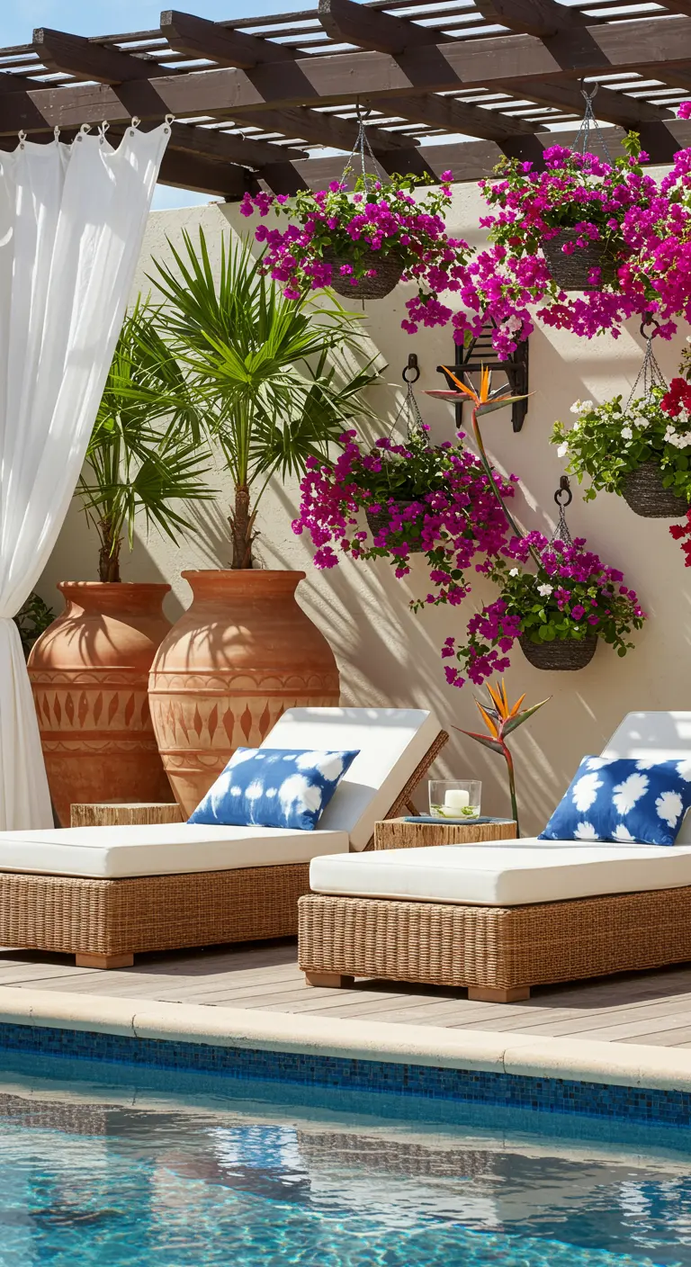 Piscine avec transats en rotin, palmiers en pots géants et bougainvilliers suspendus.