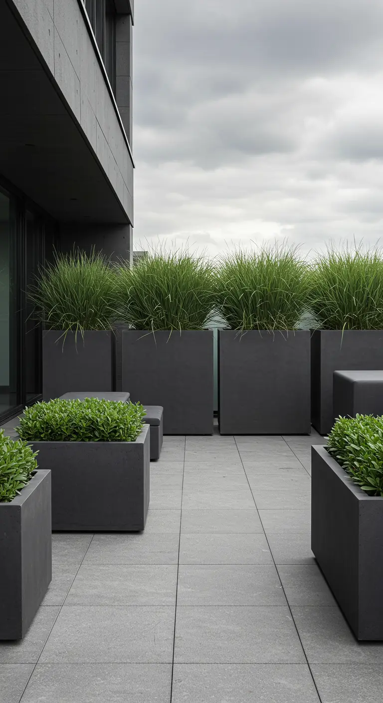 Grandes jardinières et pots carrés gris anthracite avec graminées et buis sur une terrasse moderne.