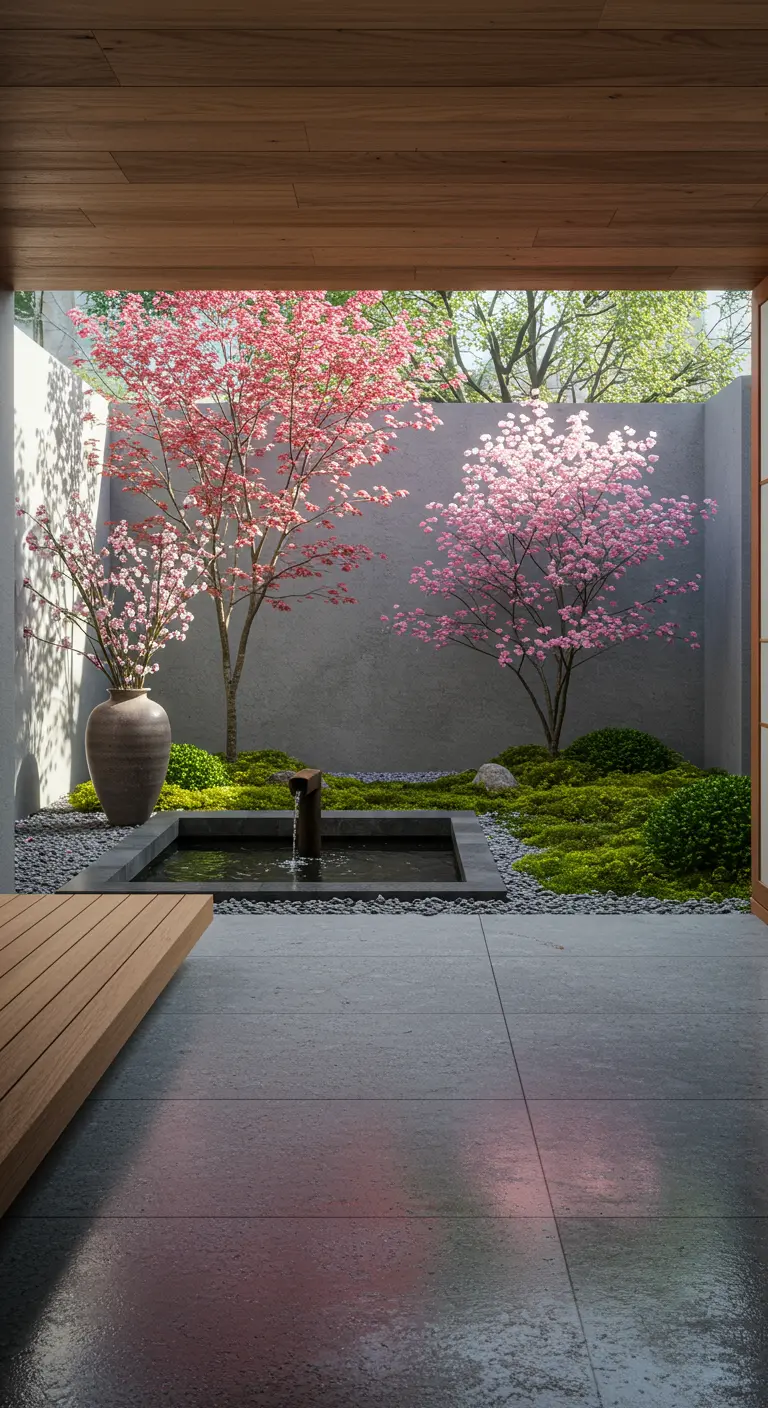 Jardin zen avec deux cerisiers en fleurs, un bassin d'eau et des murs clairs.