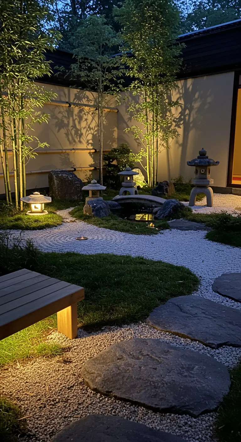 Jardin zen japonais la nuit avec des bambous, des galets, un petit pont et des lanternes traditionnelles en pierre éclairées.