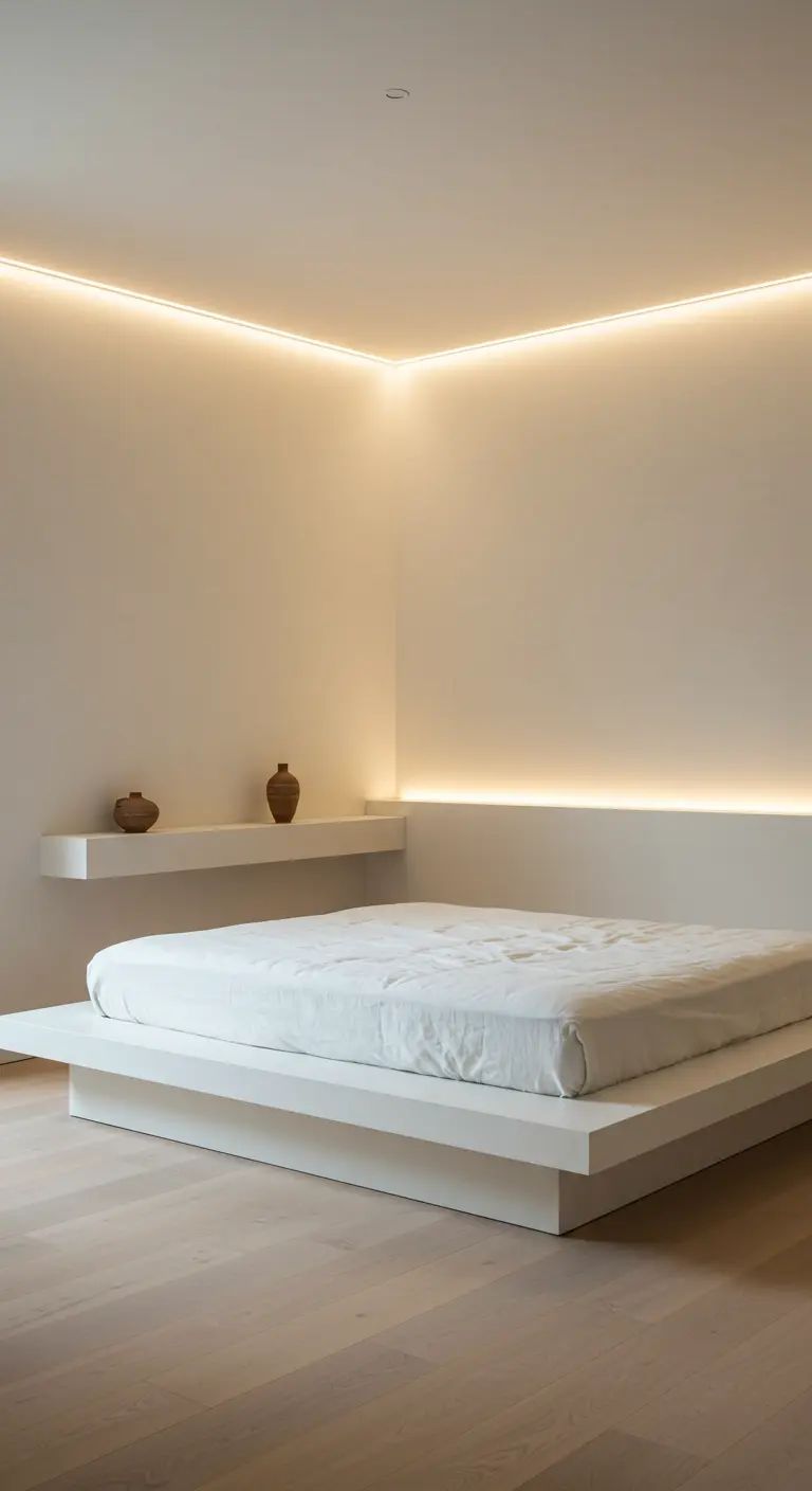 Chambre minimaliste avec éclairage LED blanc chaud derrière la tête de lit et au plafond.